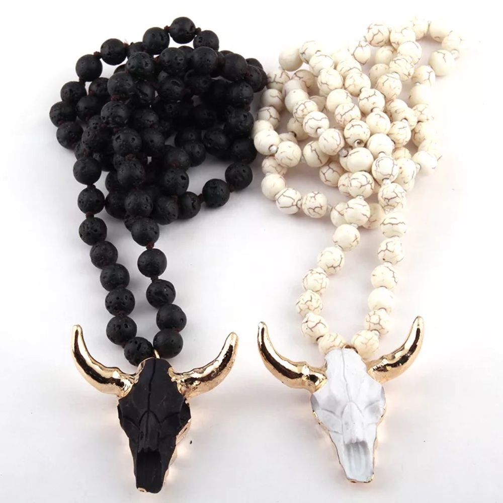 Bohemian long stone beaded western horn pendant necklace